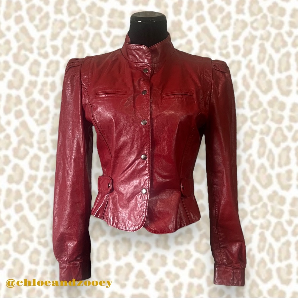 VINTAGE 70s 80s Boho Red Leather Jacket Cherry Bomb Bohemian Rocker Retro Gypsy